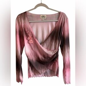 VTG Next Era Couture Y2K Pink & Brown Tie-Dye Ombré Wrap Blouse Size Large 2000s